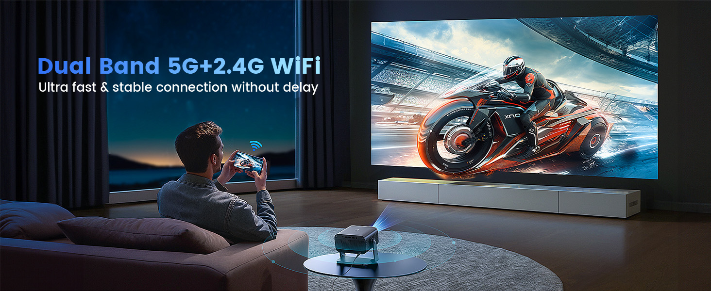 Портативний проєктор Beamer з автофокусом та корекцією трапецеїдальних спотворень, WiFi, Bluetooth, Full HD 1080P, LED, 145°, 50% Zoom, для домашнього кінотеатру та мобільного використання, чорний