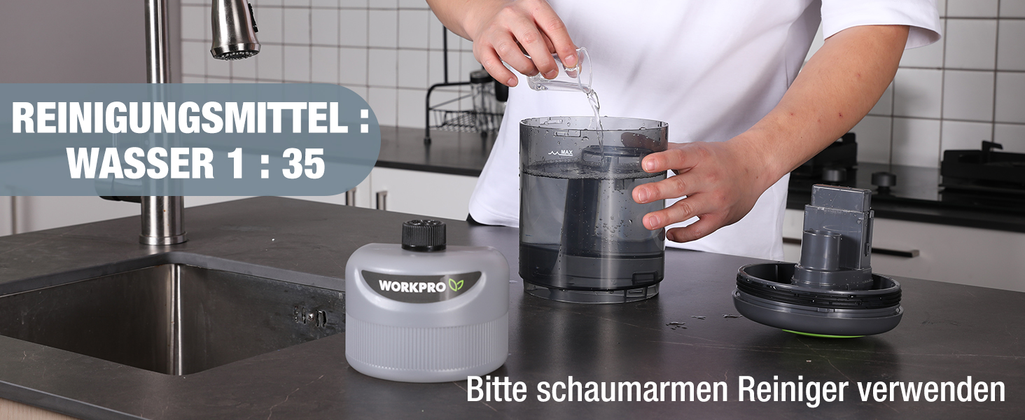 WORKPRO Мийний пилосос 450W 13kPa, 1.6L з миючим засобом та 2 насадками, для килимів, диванів, авто