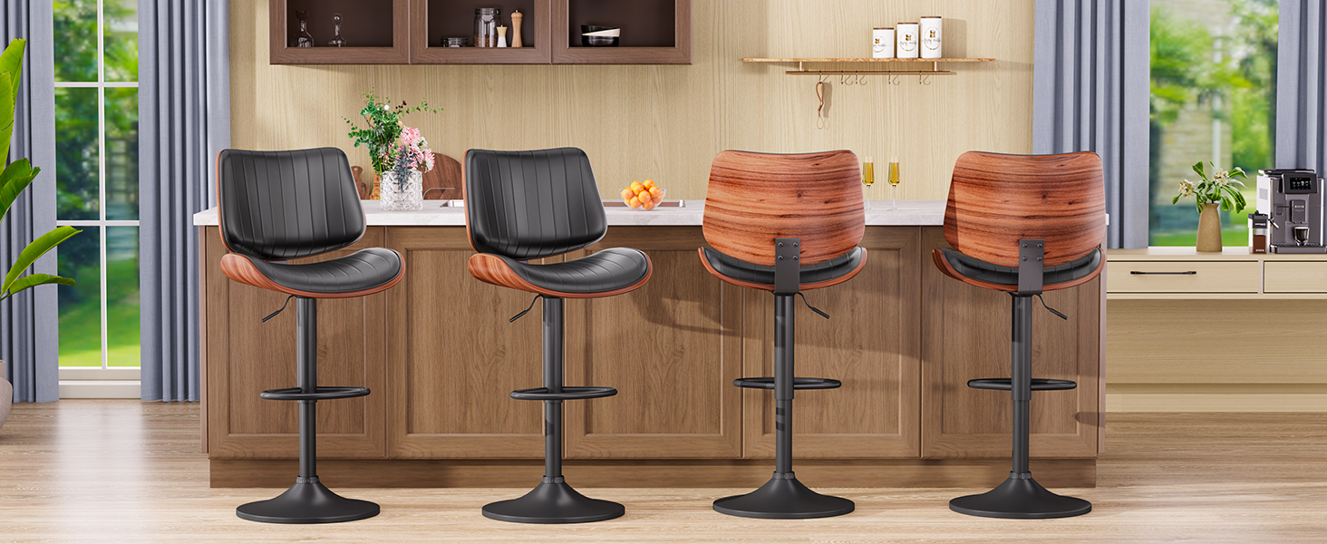 Набір з 2 барних стільців GIKPAL з дерев'яною спинкою та шкіряним сидінням, обертаються, чорний