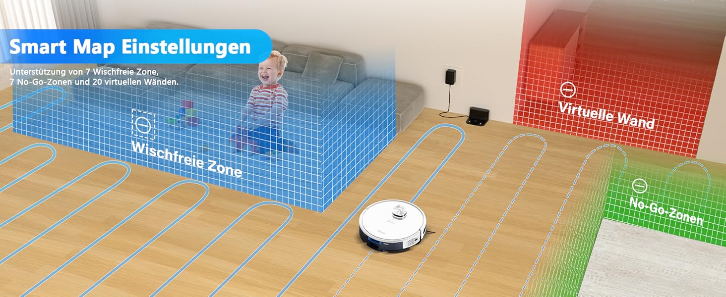 Робот-пилосос з функцією миття підлоги, LiDAR, 4000Pa, 150 хв, WLAN, заборонені зони, для шерсті домашніх тварин, килим, 9000