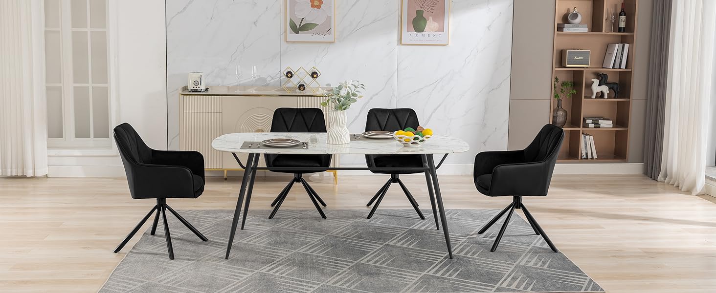 Обідні стільці Lestarain, поворотні, для кухні, спальні, вітальні, комплект з 4 шт. М'які, з підлокітниками та спинкою, на металевих ніжках, оксамит, чорний колір