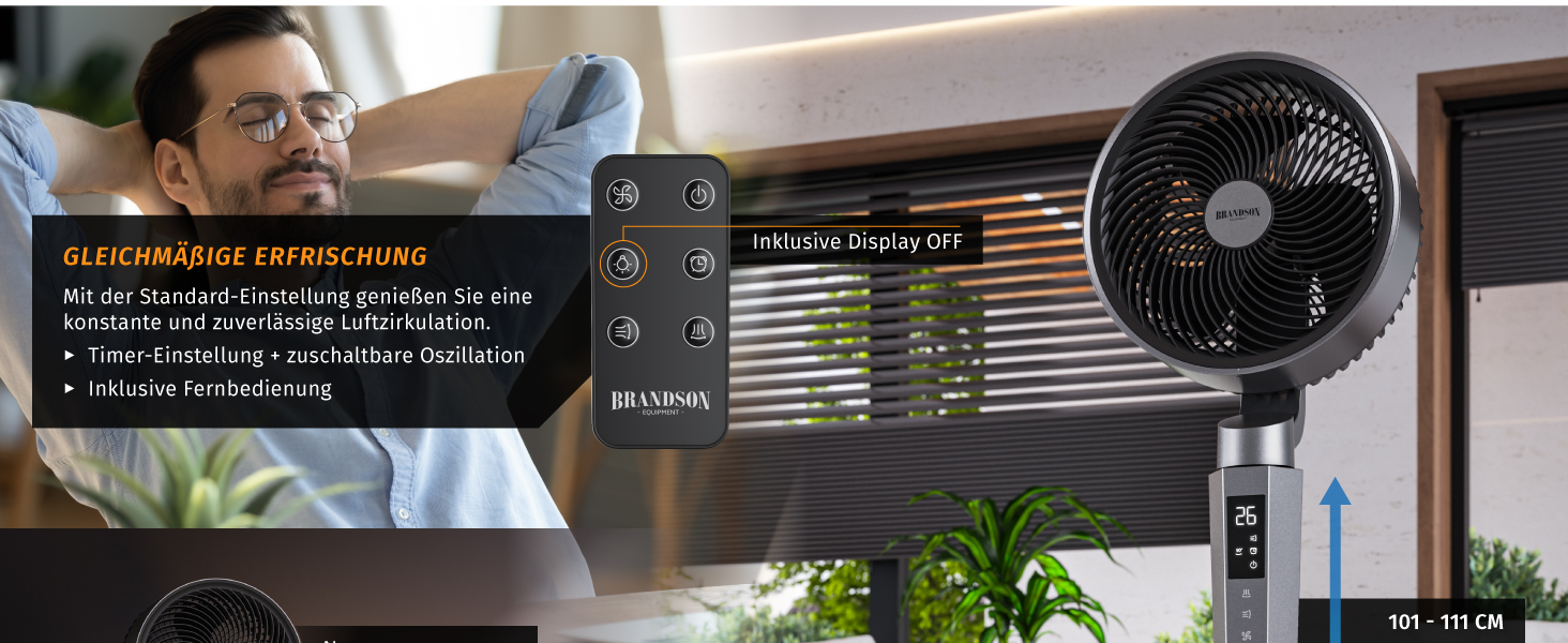 Вентилятор підлоговий Brandson 3D з DC-мотором, ECO-дизайн, надтихий. Економія енергії 60%, 24 швидкості, горизонтальне та вертикальне коливання