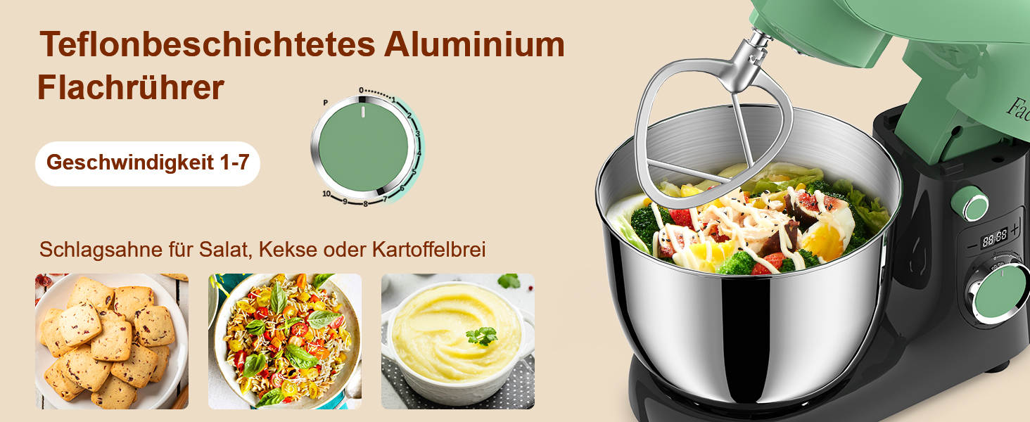 Кухонна машина-міксер Facelle 1500W з великою чашею 5.5/4.5л, 10+ програм, тиха робота, набір насадок (зелено-сірий)