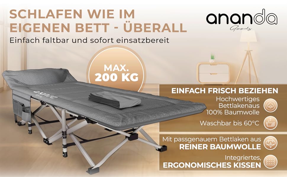 Розкладне похідне ліжко Feldbett з матрацом та простидлом з бавовни, кемпінгове ліжко для дорослих 190x70 см, витримує до 200 кг