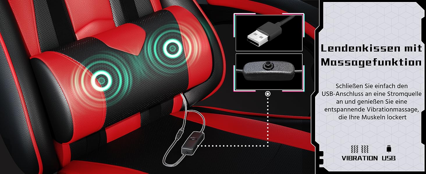 Ігровий крісло Yaheetech з масажем, регульована спинка 90-135°, комп'ютерне крісло з підніжкою, білий/червоний