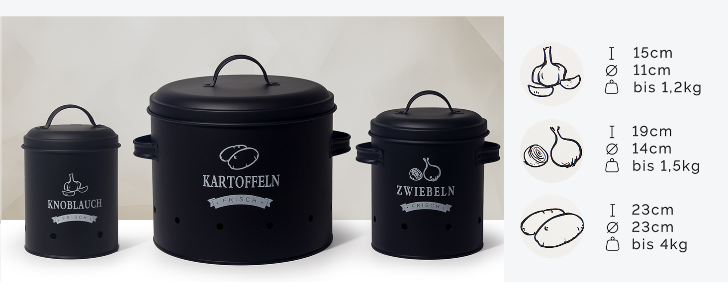 Набір контейнерів для зберігання картоплі Theo&Cleo, ретро дизайн, металевий, для кухні, чорний