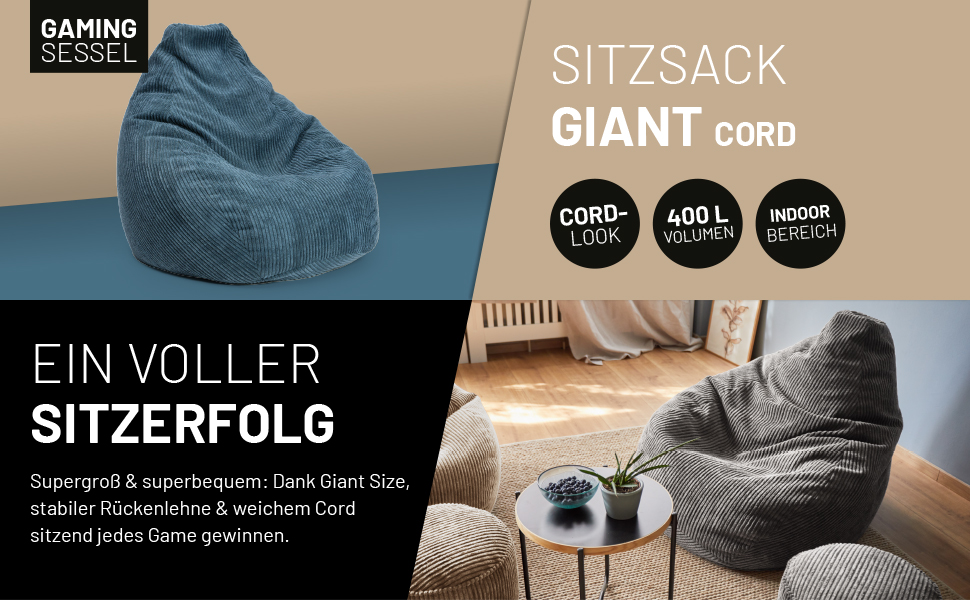 Lumaland Gaming Sitzsack XXL Cord: Крісло-мішок для геймерів, темно-синій 135x100 см