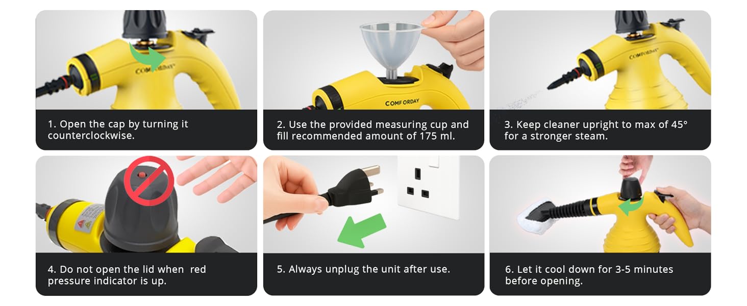 Портативний пароочисник Comforday для дому та авто: видаляє жир, плями та бруд. Зі 9 насадками для чищення диванів, кухні та інших поверхонь.