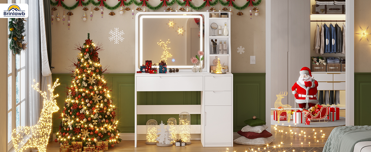 Білий туалетний столик для макіяжу з LED-підсвічуванням та дзеркалом | 3 ящики, 3 полиці, шафка | Столик для макіяжу для спальні