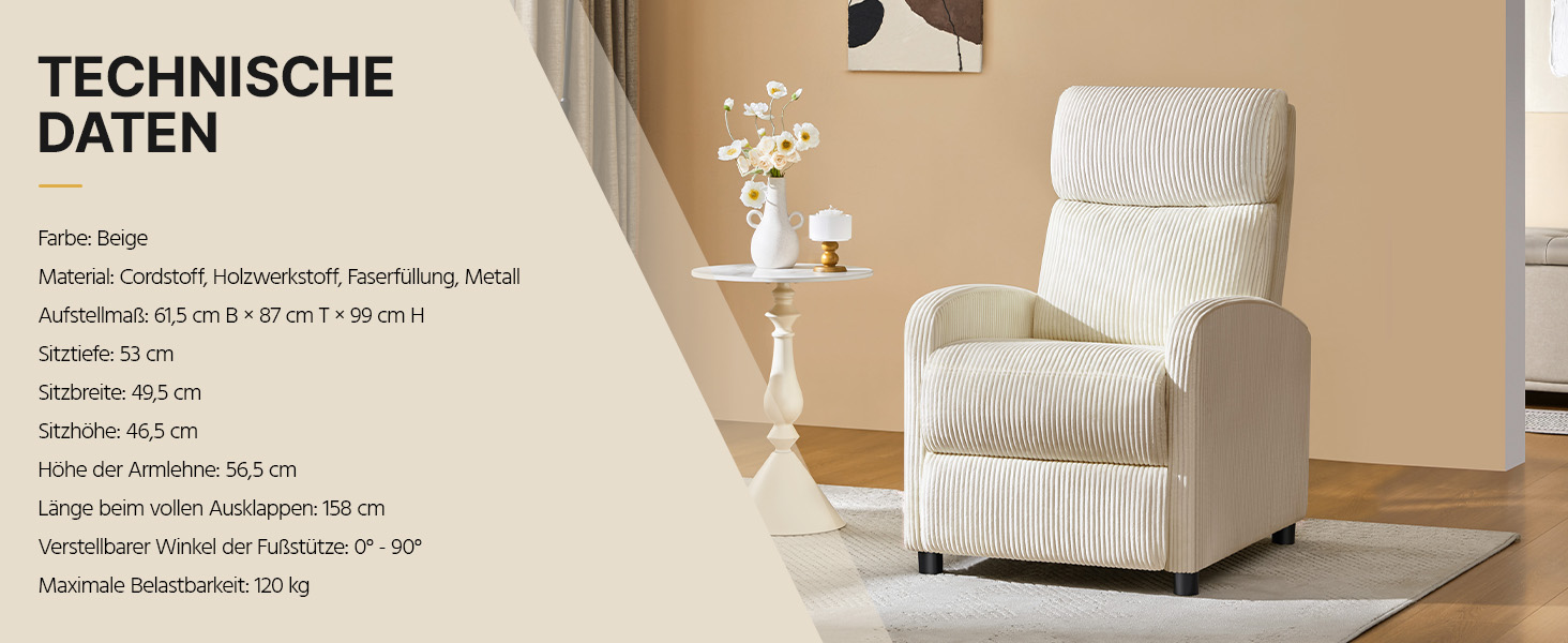 Крісло-релакс Yaheetech для телевізора, крісло-софа, крісло для відпочинку з регульованою підніжкою, лежак з бежевої тканини Cord