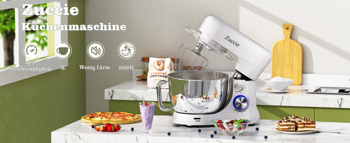 Кухонна машина Zuccie з тихою роботою, місткістю 5л, з нержавіючою чашею, 3 насадки, сплітц-захист, скребок для тіста та роздільник яєць, 8+ швидкостей.
