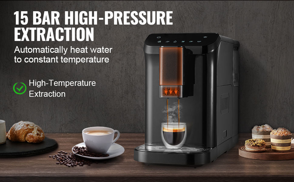 Автоматична кавомашина VEVOR CM9002E-GS з вбудованою кавомолкою, 15 ступенів помелу, об'єм резервуару для води 1,5 л, ємність для зерен 180 г
