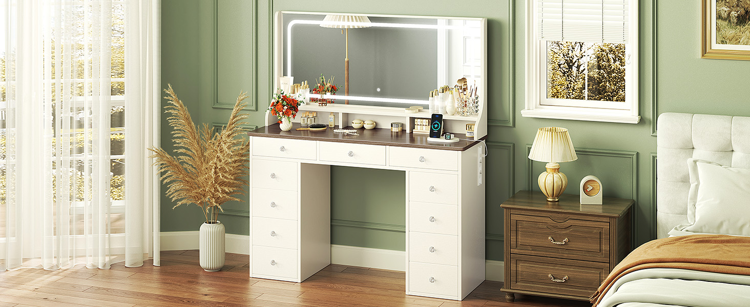 Дзеркальний туалетний столик Dripex з підсвічуванням, 11 шухляд, великий LED-дзеркало, розетка, регульована яскравість, білий (110см, вінтажний коричневий)