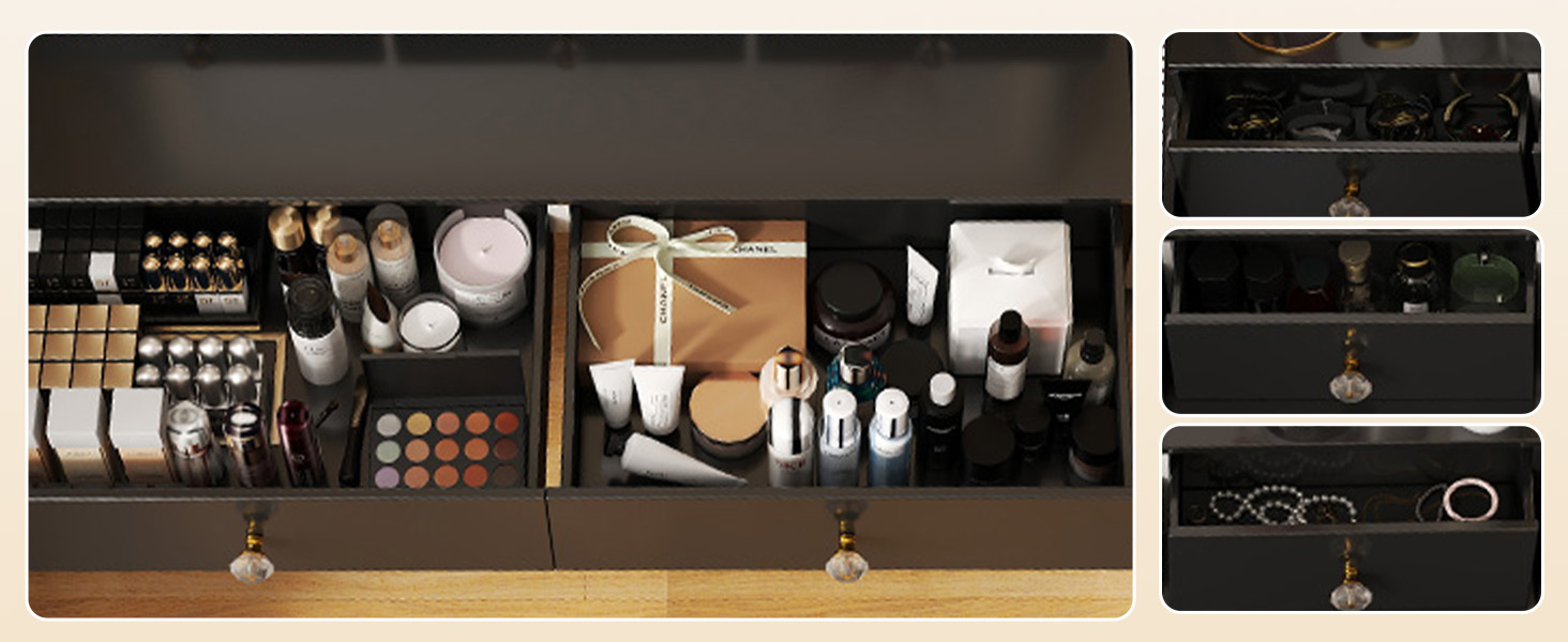 Трюмо COMHOMA з підсвічуванням, дзеркалом та прихованою LED-смугою, зі стільцем та 5 висувними ящиками, з розеткою, 3 колірні температури та регульована яскравість, білий (чорний)