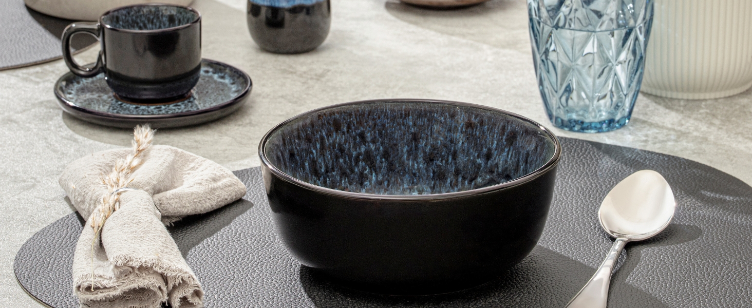 Набір посуду SÄNGER Manila на 6 осіб (30 предметів) | Керамічний сервіз, блакитний з чорним обідком