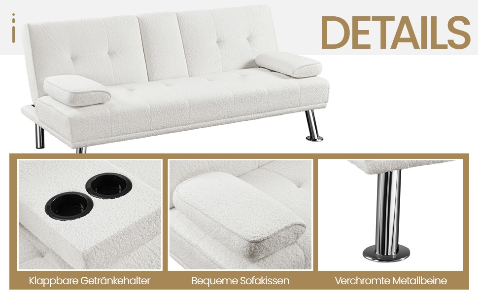 Диван-ліжко Yaheetech на 3 особи з функцією сну, диван-кровать, софа-ліжко, білий, до 350 кг