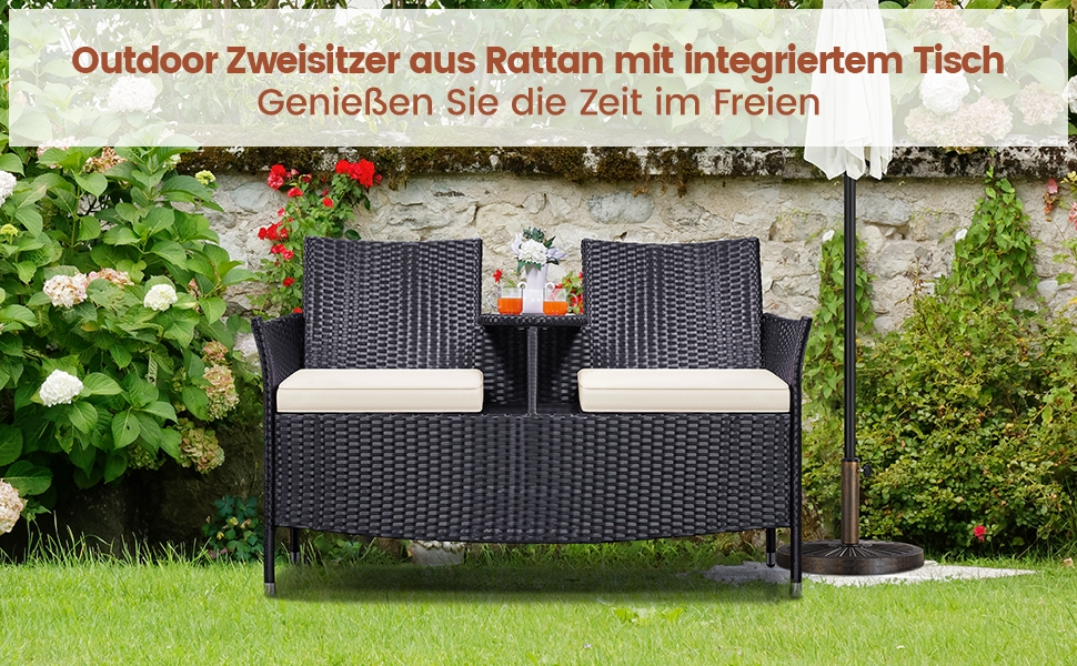 Садовий комплект Yaheetech: двомісна банкетка з столом з поліротангу, чорно-бежевий, 131x65,5x85 см, вантажопідйомність 350 кг