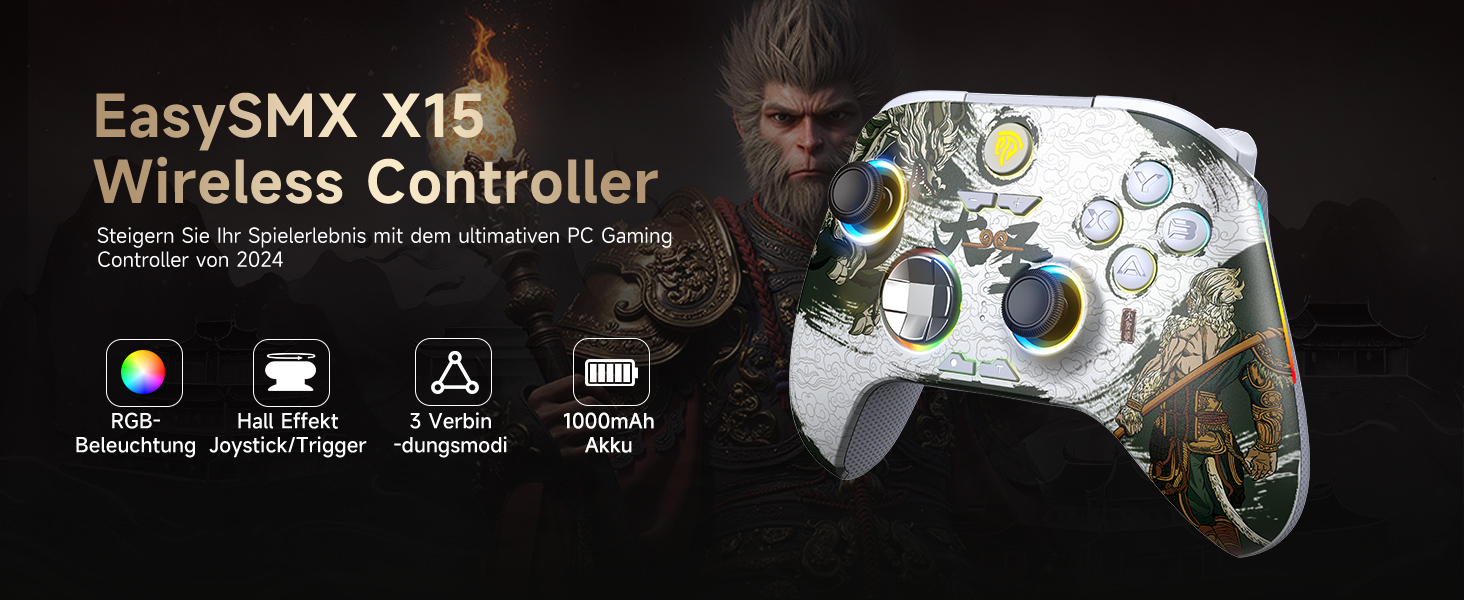 EasySMX X15 Бездротовий геймпад для ПК з RGB підсвіткою, аналоговий джойстик та тригери, Bluetooth для PC/Switch/Android/iOS