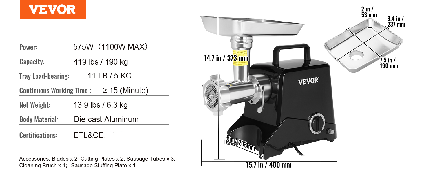 Електрична м'ясорубка VEVOR Машина для м'яса з нержавіючої сталі 190 кг/год Фарш, Мультикухонний комбайн Ковбасний наповнювач 575 Вт в т.ч. 2 обробні пластини, 3 трубочки ковбаси, 2 леза для яловичини, курки, індички тощо. Електрична м'ясорубка VEVOR 419 фунтів/год