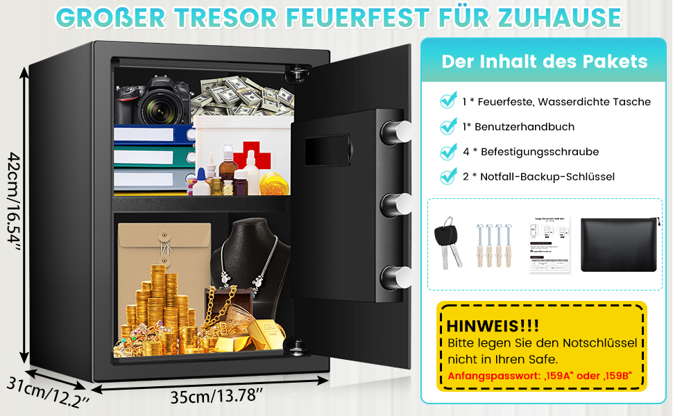 Великий сейф 50л для дому: вогнестійкий, водонепроникний, з ключем та кодовою панеллю. Сейф для зберігання золота, прикрас, документів. Сейф для меблів з інтелектуальною системою сигналізації, настінний сейф.