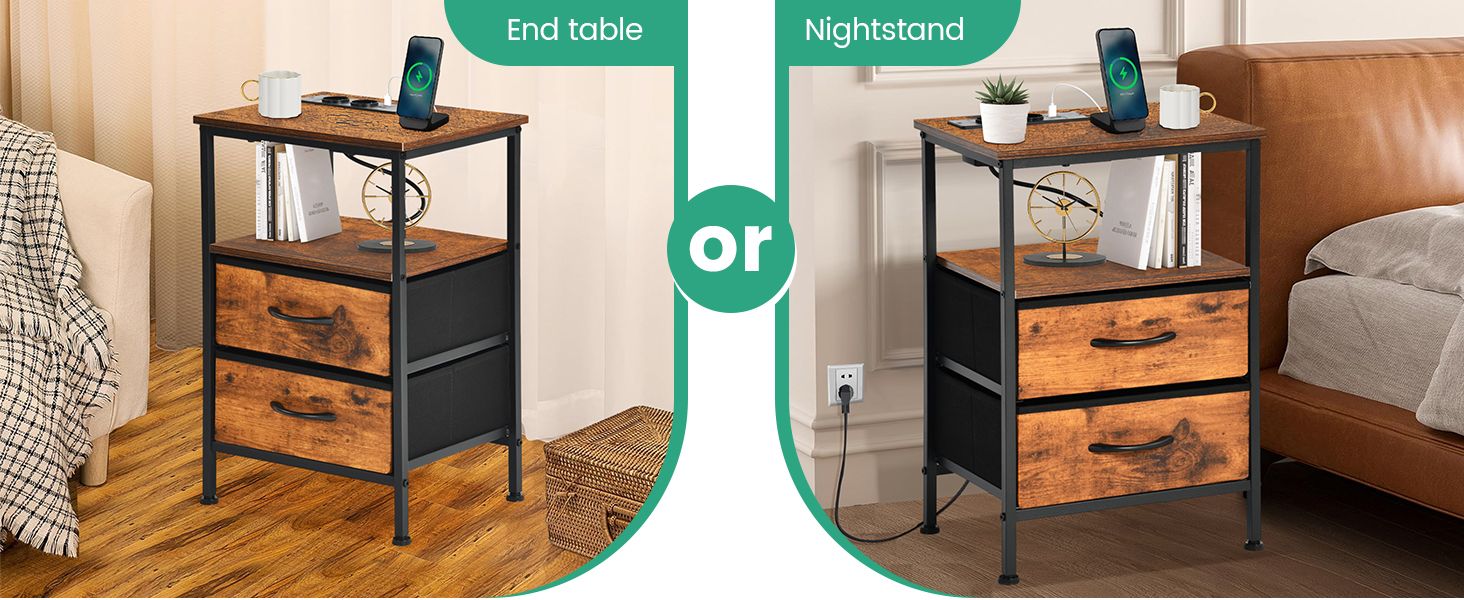Нічні тумбочки EGGREE (2 шт) з зарядною станцією та шухлядами з тканини, колір вінтажний коричневий, для спальні, невеликих кімнат, готелю та апартаментів. USB-порти та розетки.