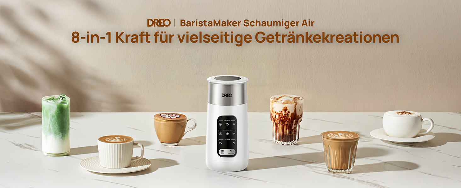 Dreo електричний спінювач молока 8-в-1 для лате арт, 270 мл, з підігрівом, LED, білий