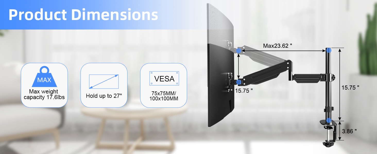 Кріплення для монітора Pholiten 13-32 дюйми, газліфт, VESA 75/100, 360° оберт, нахил, для LCD/LED екранів