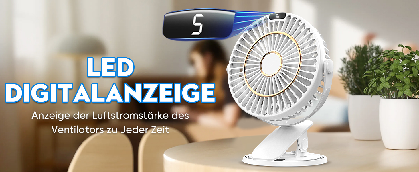 Портативний USB вентилятор COZII Mini з LED-дисплеєм, 5 швидкостей, 720° поворот. Для дому, офісу, дитячого візочка. Білий