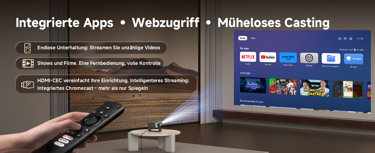 Розумний 4K проектор iSinbox з Netflix, автофокусом та корекцією трапеції, WiFi 6, Bluetooth 5.3, HDR10+, портативний домашній кінотеатр, сірий