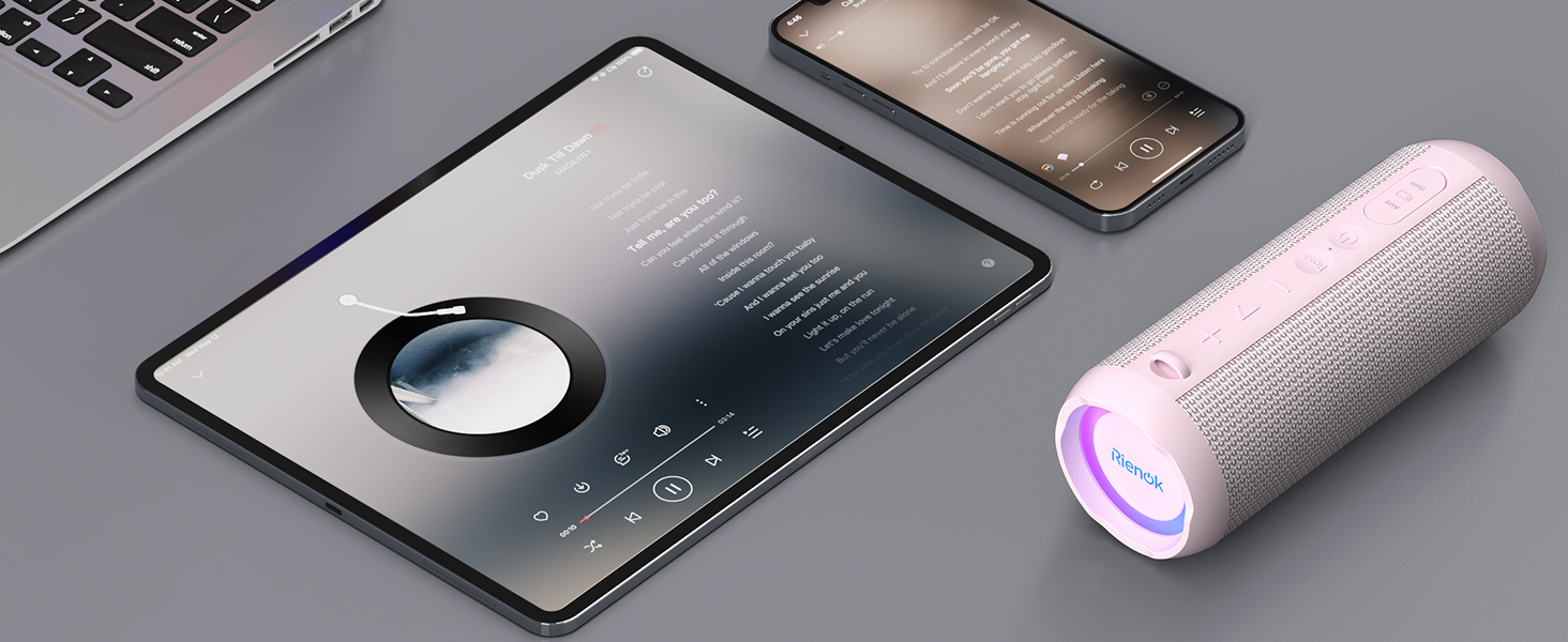 RIENOK Портативна Bluetooth Колонка з Підсвічуванням, Рожева, IPX7 Водонепроникна, 3600 mAh, Bluetooth 5.3, Бас, Стерео Звук