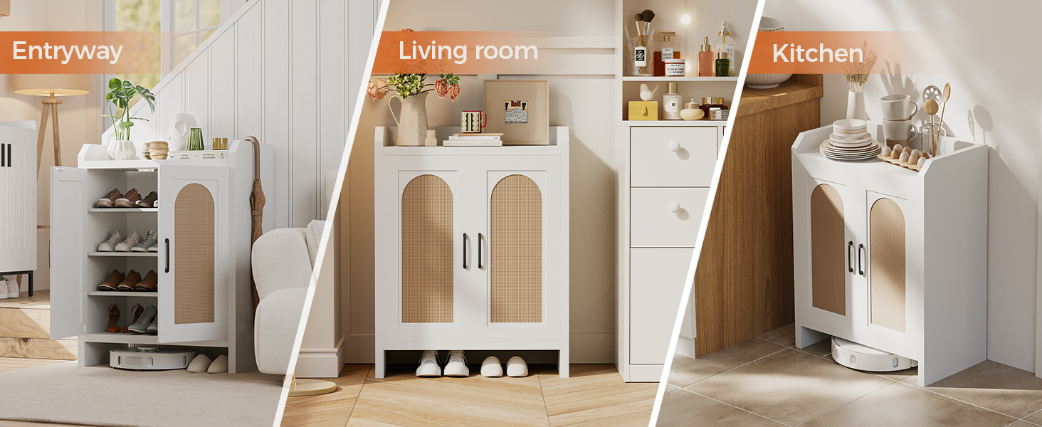 Шафа для взуття 5-ярусна в стилі ф armhouse з 2 дверцятами, вільного стояння з регульованими полицями та металевими кутовими прикрасами для передпокою та коридору, білий колір (ротанг, білий)