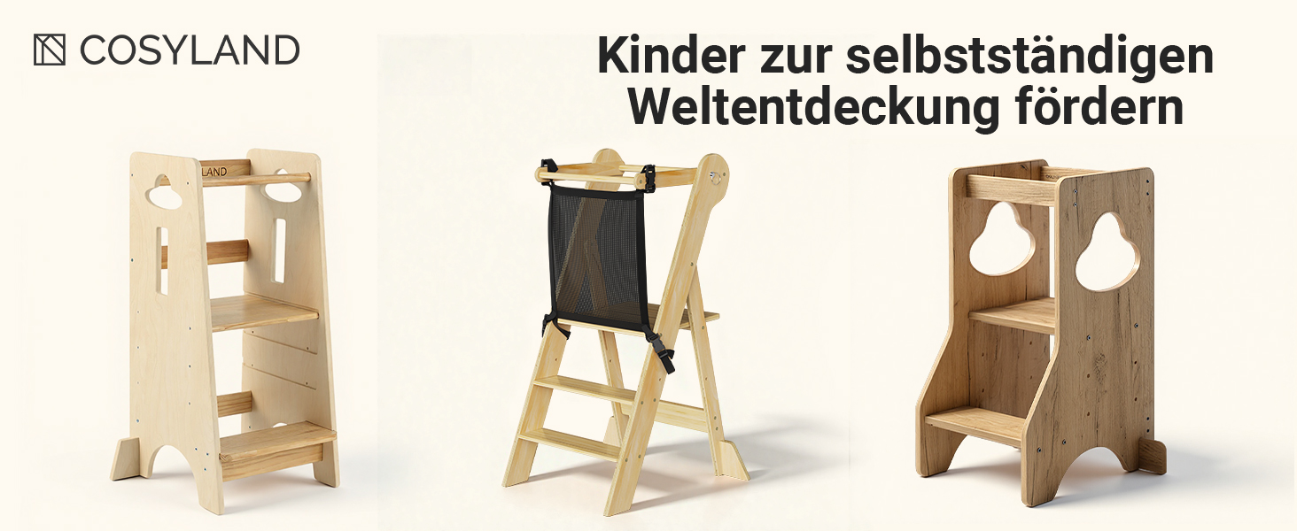 COSYAND Монтессорі стільчик-сходинка для дітей від 1 року, регульована висота | Сходинка Монтессорі | Кухольчик для дітей | Колір: Темно-сірий-натуральний