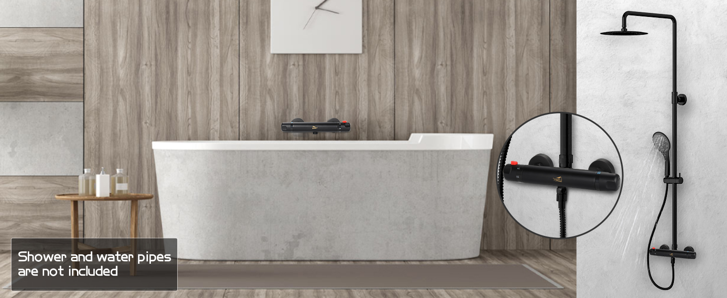 Змішувач для ванни з термостатом Uten, чорний, латунь, 2 виходи, захист 38°C