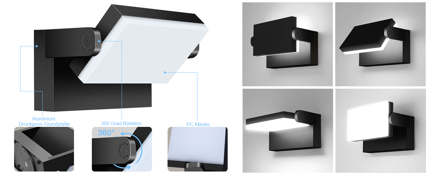 Стіна LED-світильник Kingwen 40W, сучасний водонепроникний світильник для вулиці та дому IP65, поворотна панель 360°, чорний, для гаража та тераси (6000K)