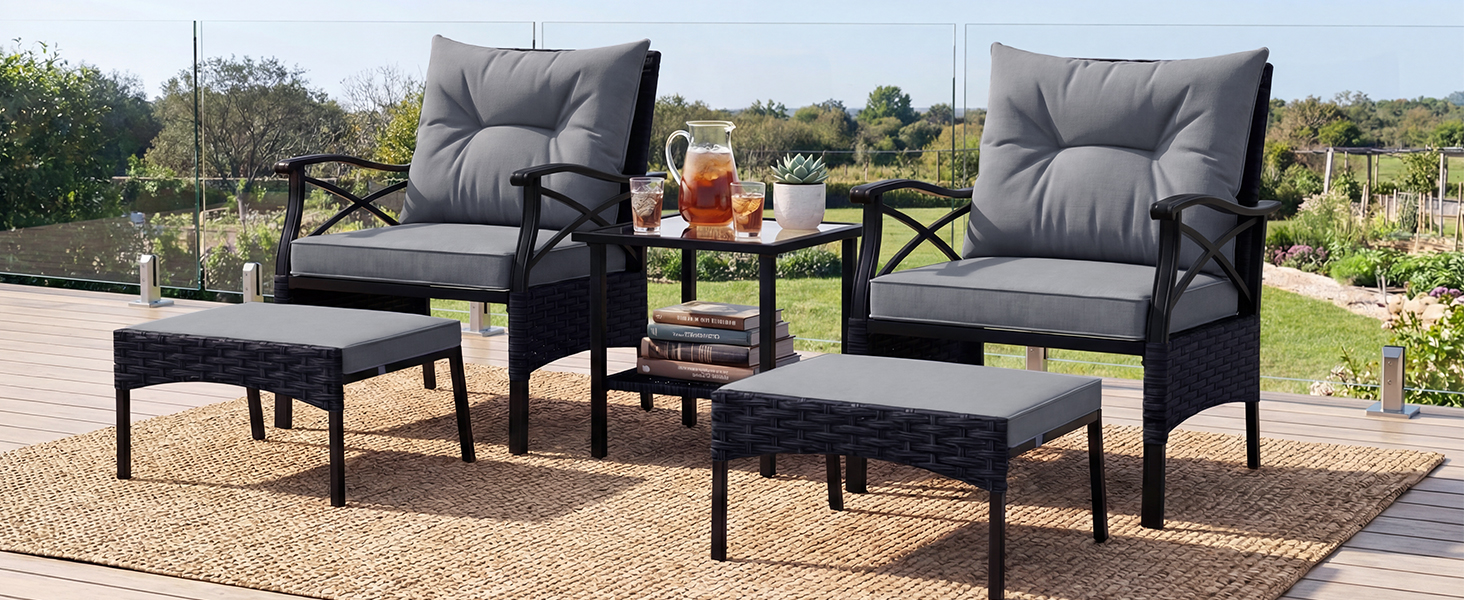 Садовий набір меблів COSTWAY з ротангу, 5 предметів: 2 крісла з подушками, пуф та стіл. Меблі для балкона, тераси, саду, коричнево-сірий колір