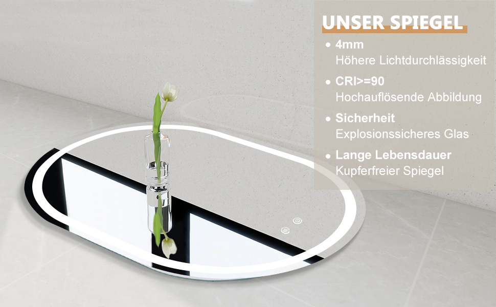 Дзеркало для ванної кімнати Trintion з підсвічуванням, 50x70 см, овальне, з годинником та сенсорним вимикачем, антизапотівальне, диммер, 3 кольори світла (3500K-6500K)