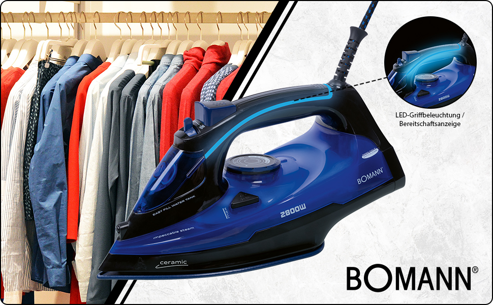 Праска з пароутворювачем Bomann DB 6038 CB, 2800 Вт, 7 функцій, LED-підсвітка ручки, підошва з 3D-кераміки, чорний/синій
