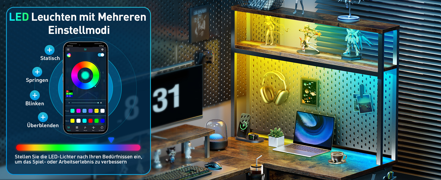 Ігровий стіл HLONONE з LED-підсвічуванням, 170x100 см, L-подібний, з 3 розетками та 2 USB, реверсивний, для ПК, з підставкою для монітора та полицею, коричневий