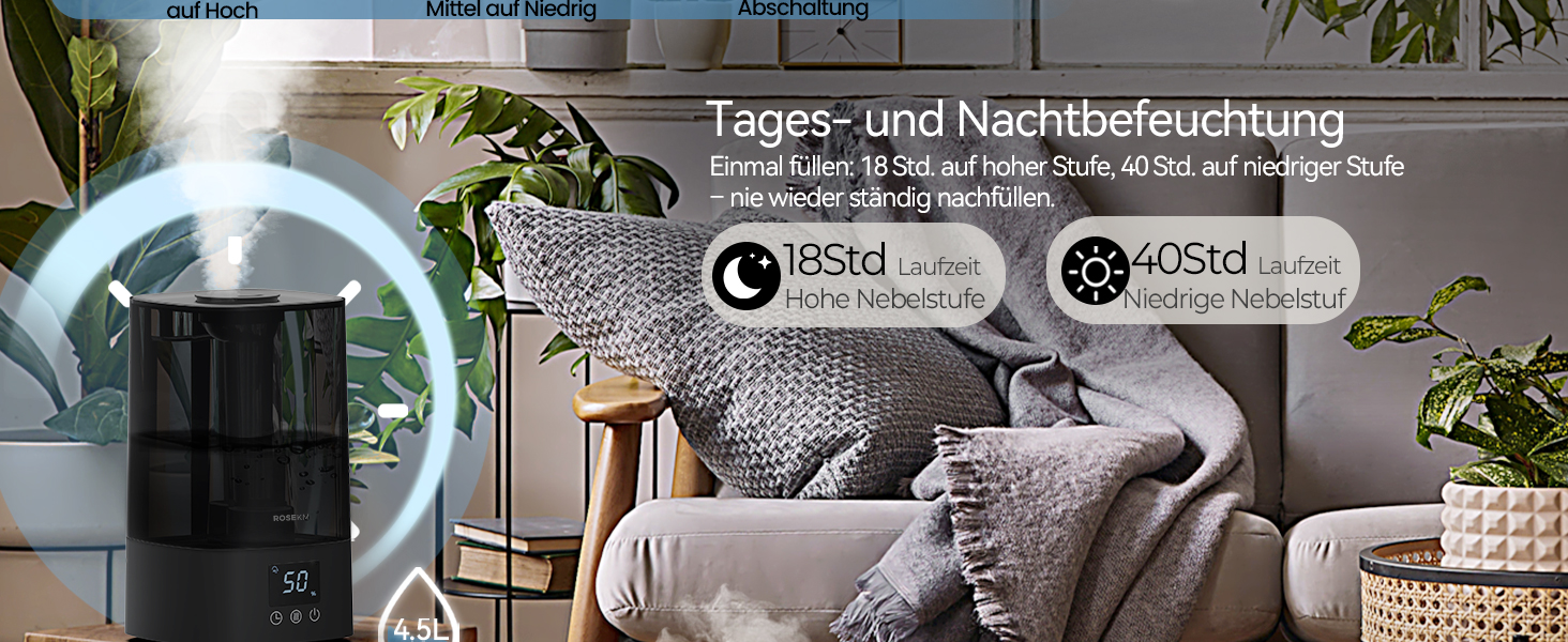 Зволожувач повітря автоматичний для спальні та великих приміщень 4.5 л, з таймером, сенсором вологості, до 18 годин роботи, автовимкнення, 360° розпилення (Чорний)