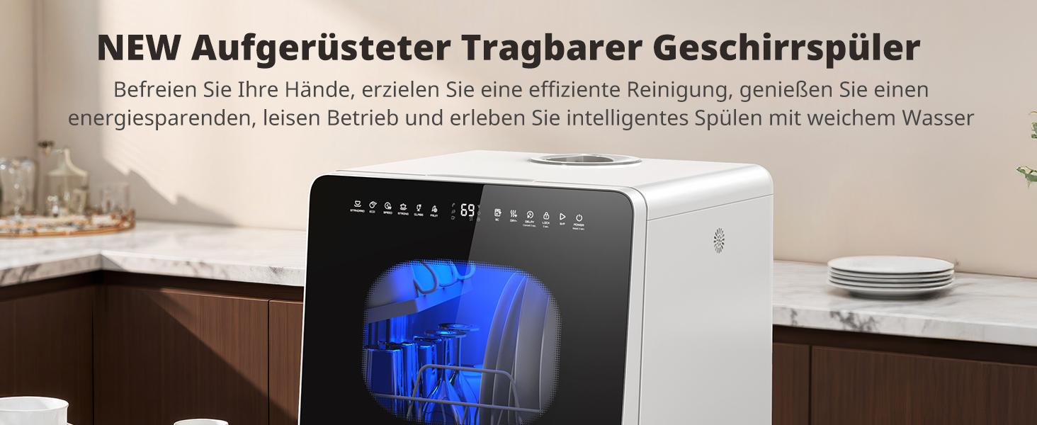 Mini посудомийна машина AIRMSEN з 8+3 програмами, 5л, система пом'якшення води, таймер, дитячий замок, білий/чорний