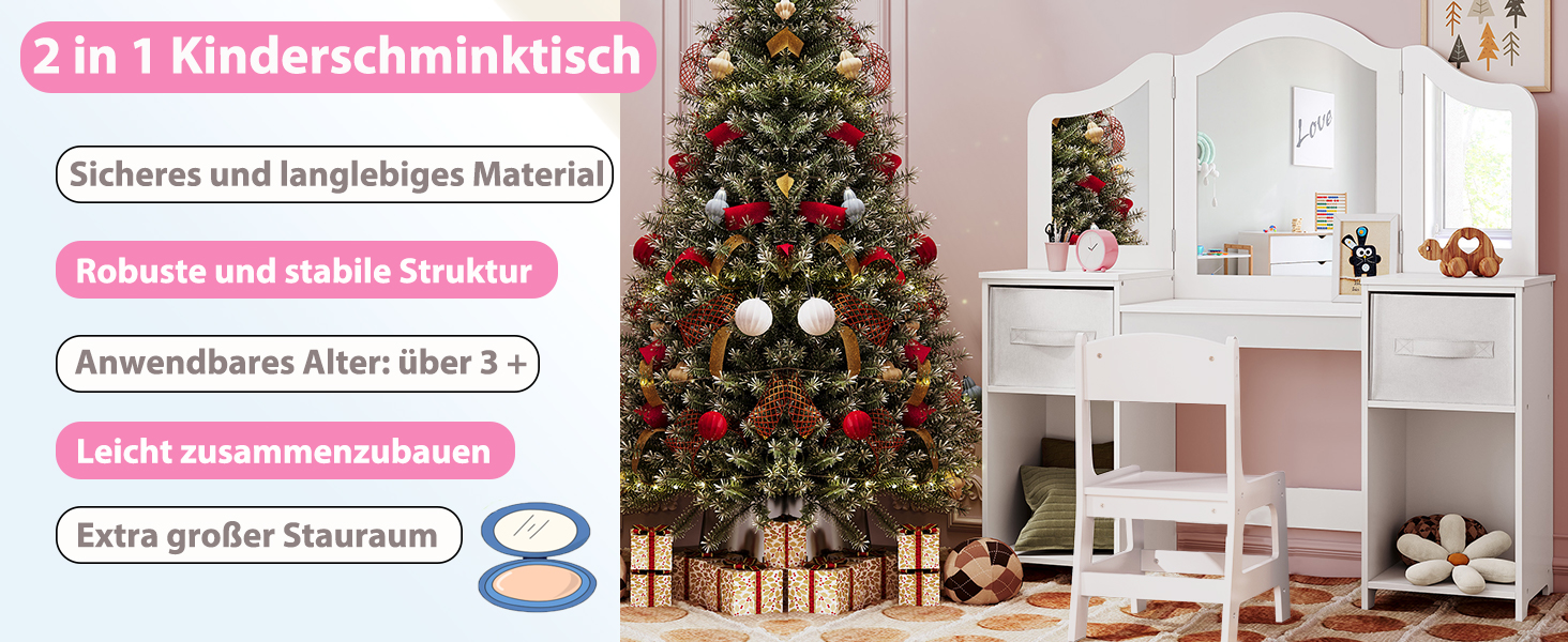 Дитячий туалетний столик MAMIZO 2 в 1 з дзеркалом та пуфом, рожево-білий, 108x30x114 см