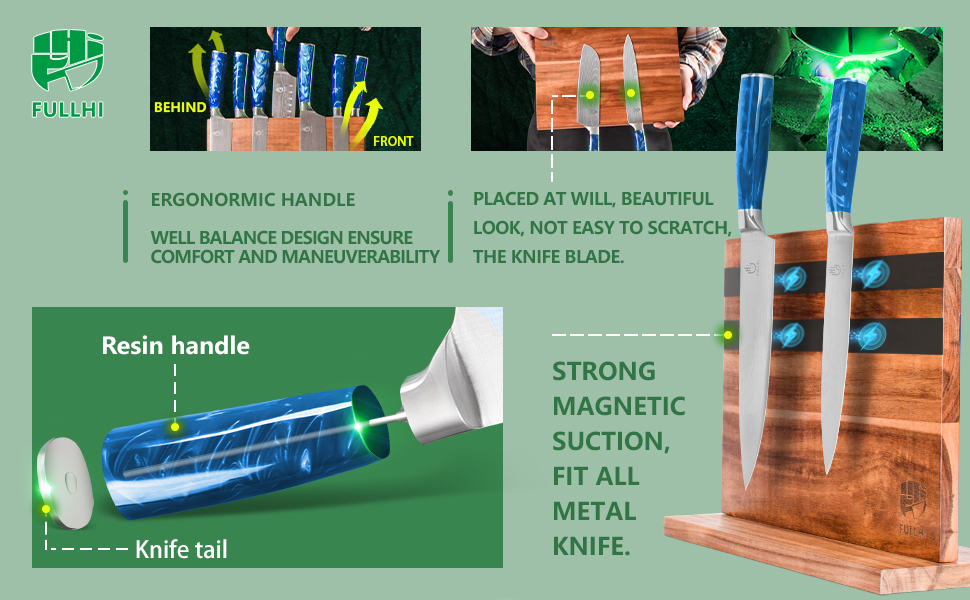 Японський набір ножів Fullhi 15 предметів з магнітним підставкою, з високоякісної сталі, ергономічні ручки з харчового пластику, для професійної та домашньої кухні