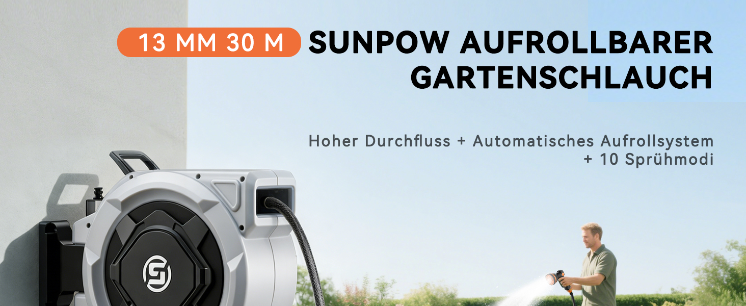 Шланговий барабан SUNPOW настінний 30м для саду, тераси та двору. Автоматичний намотувач, поворотна стіна, 10 функцій розпилення. Діаметр 16 мм.