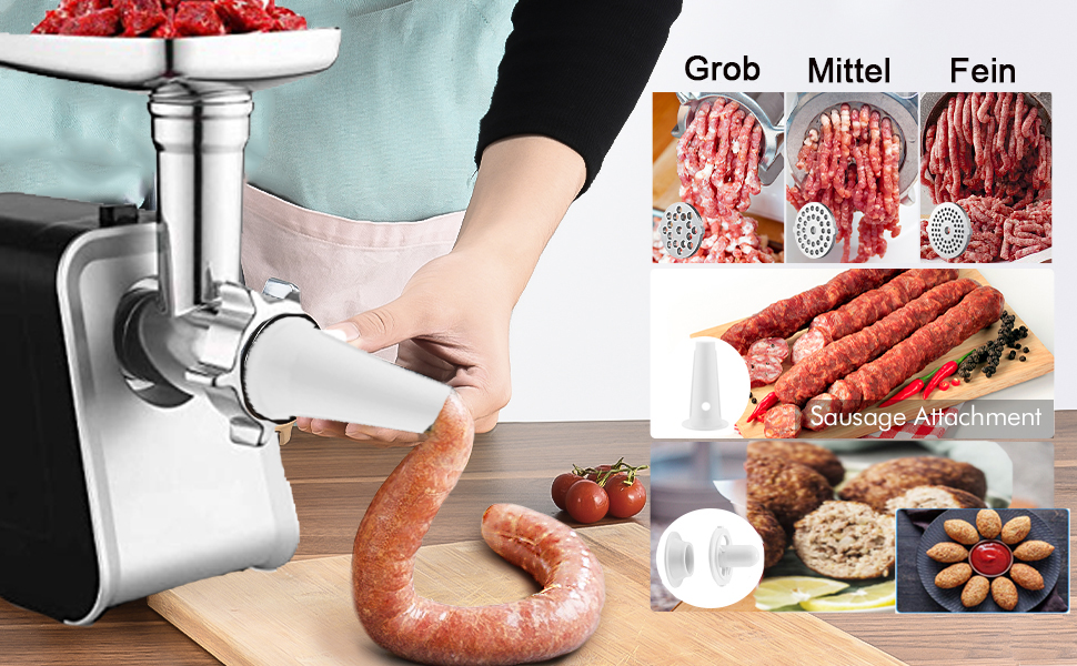 Електрична м'ясоподрібнювач з нержавіючої сталі, 2000W, з набором дисків та насадок для ковбас, чорний