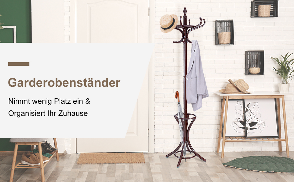 Стойка для одягу GIANTEX з підставкою для парасольки, дерев'яна, 12 гачків, для прихожей/вітальні (чорна)