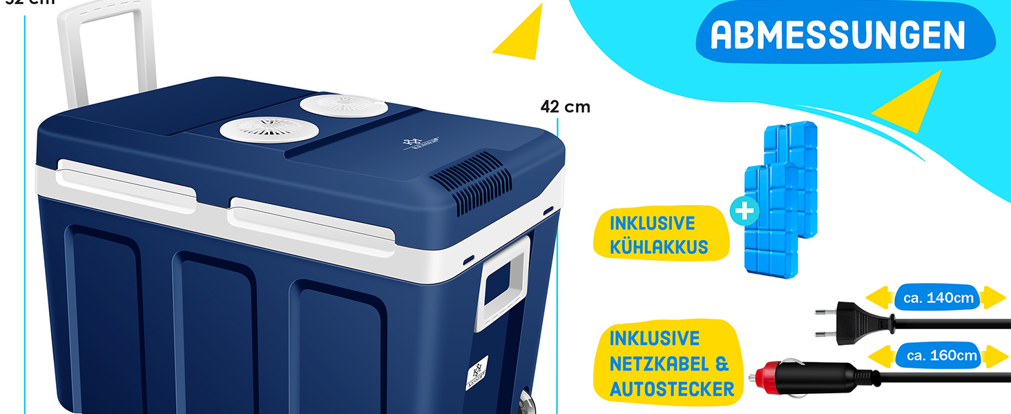 Термохолодильник KESSER® 40L на колесах | Холодильник-термос 12/230V | Охолоджує та нагріває | Для авто, човна та кемпінгу | З акумуляторами холоду та тримачами для напоїв (Темно-синій)