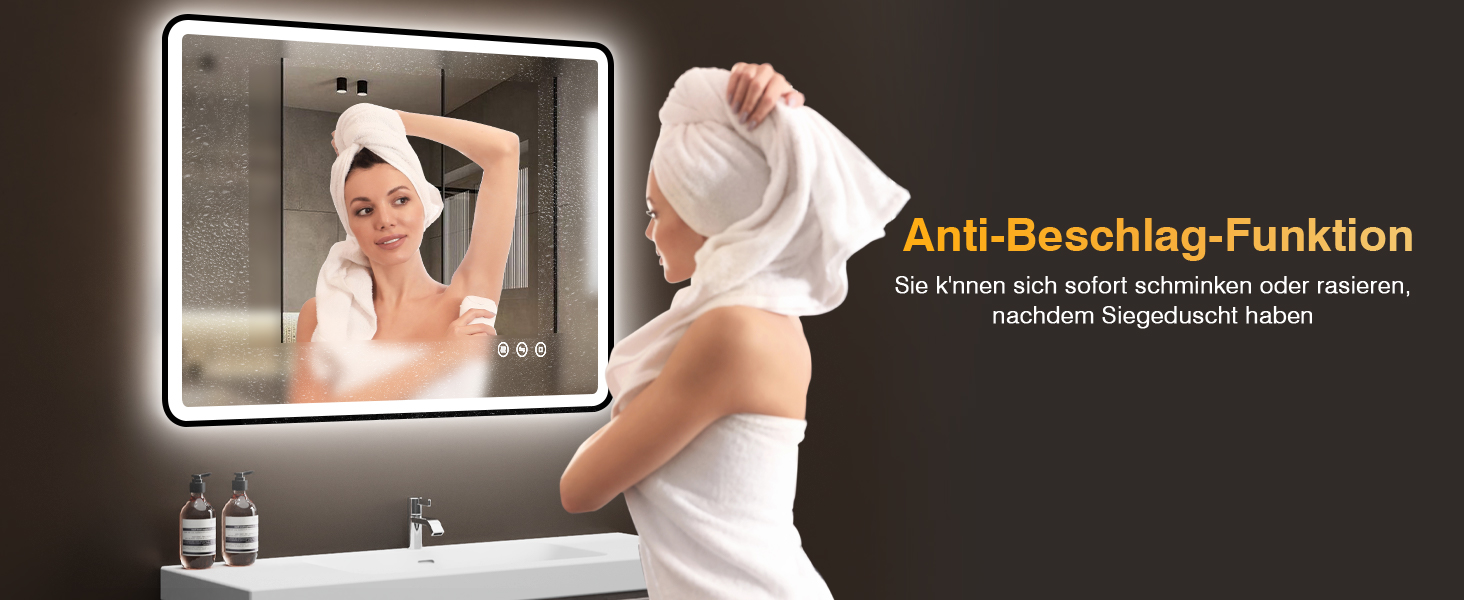 LED дзеркало для ванної кімнати 80x60 см з підсвічуванням, диммер, протитуманне покриття, 3 кольори світла, IP44, функція пам'яті, горизонтальний/вертикальний монтаж