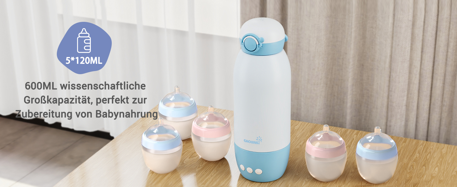 Підігрівач для пляшечок GROWNSY для подорожей: портативний, акумулятор 10000mAh, 600мл, точний контроль температури, рожевий (блакитний)