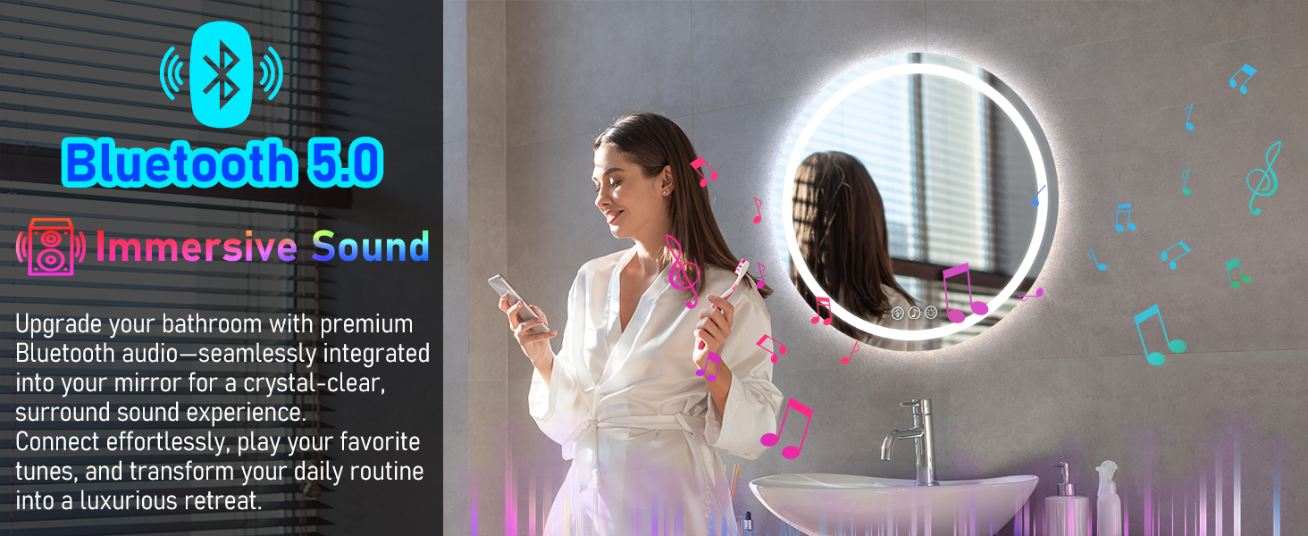Дзеркало для ванної кімнати з підсвічуванням, 60 см, кругле, з антизапарюванням, регульоване, 3 кольори світла (80x80 см, Bluetooth, антизапар, диммування, 3 кольори)