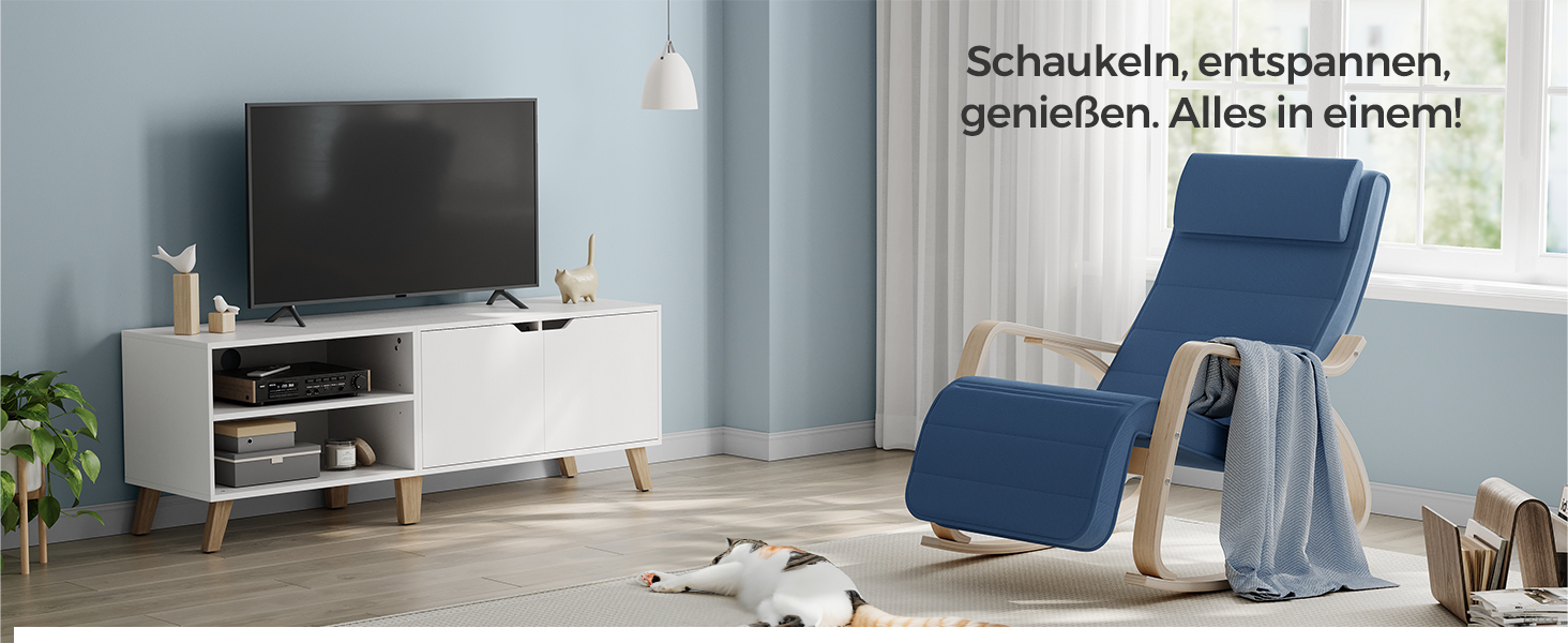 Крісло-гойдалка SONGMICS з підлокітниками з натурального дерева, 5-позиційне регулювання підніжки, до 150 кг, для спальні/вітальні, темно-натуральний колір, бавовна/поліестер